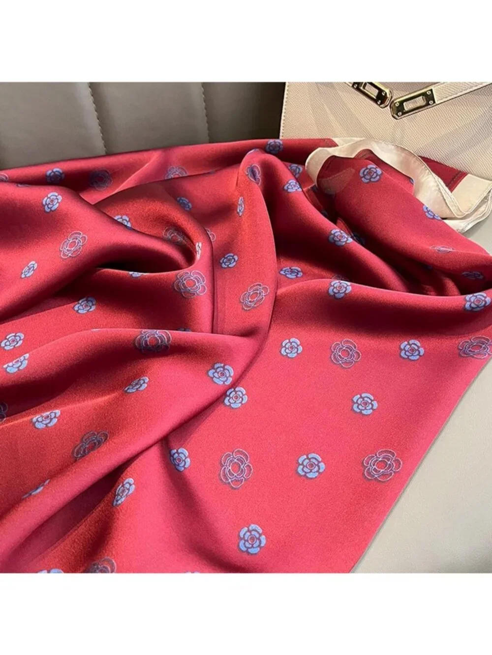 Women's Silk Red Lightweight Silk Scarves Flower Print Head Cotton Wrap Scarf